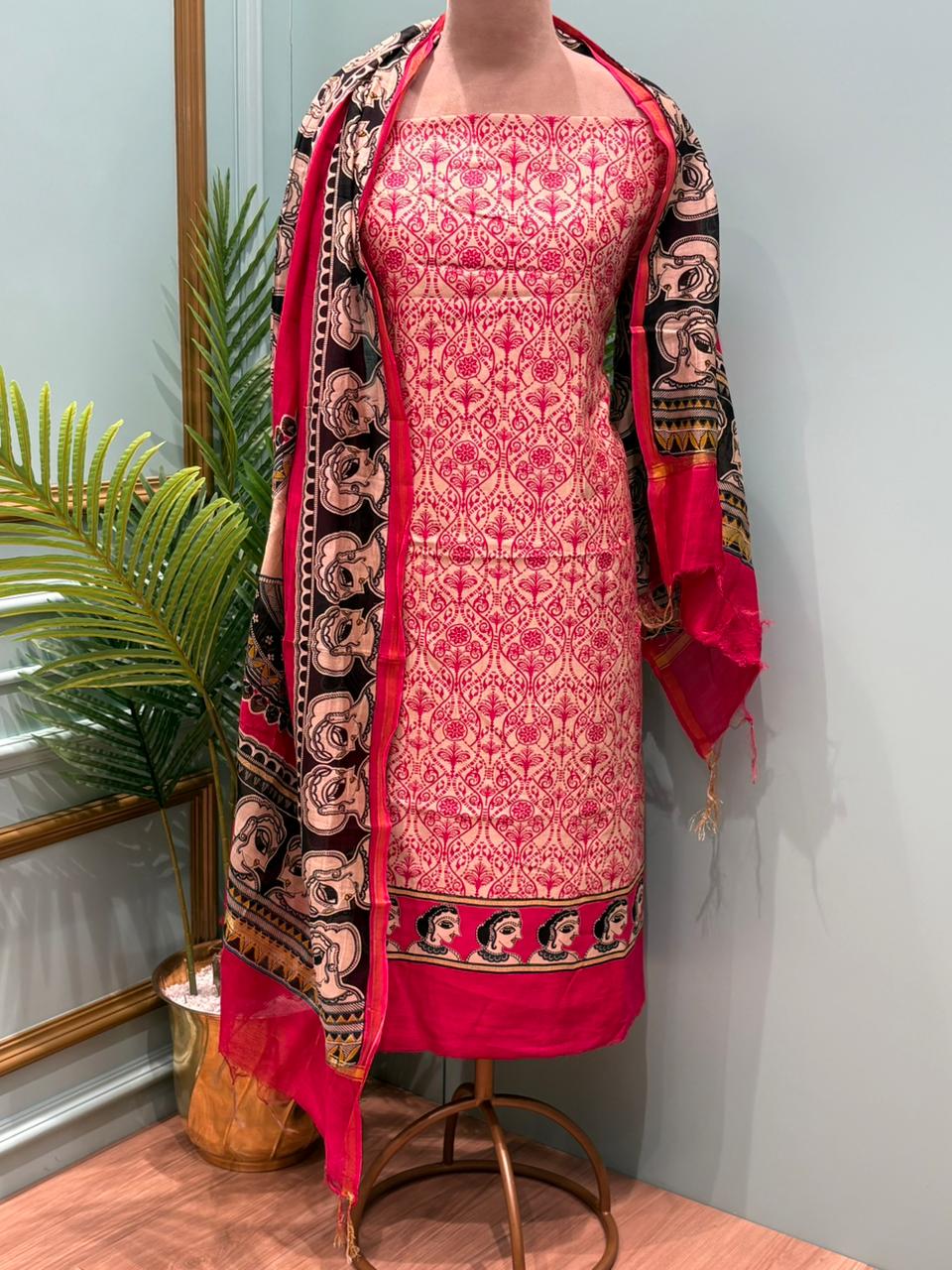 Timeless artistry with this beautiful unstitched Maheswari cotton suit set.