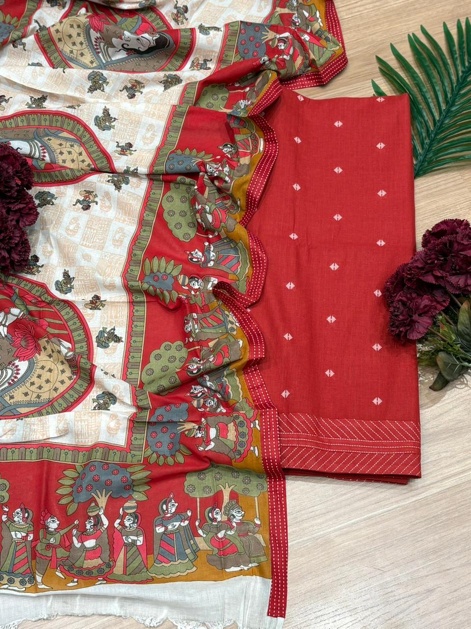 Celebrate timeless artistry with this elegant unstitched cotton suit set