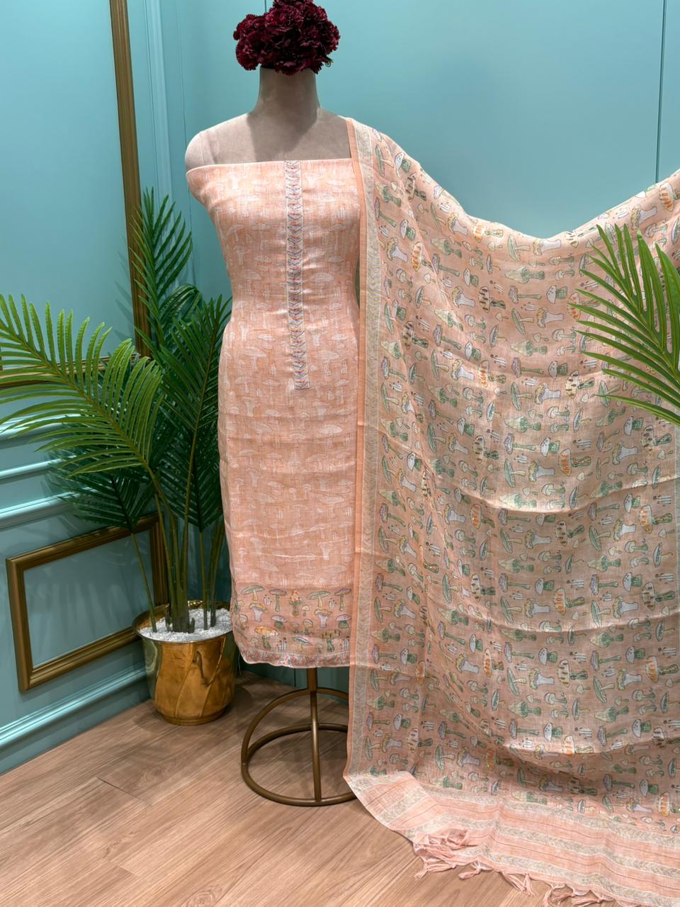 Elegant unstitched suit crafted in pure linen cotton fabric