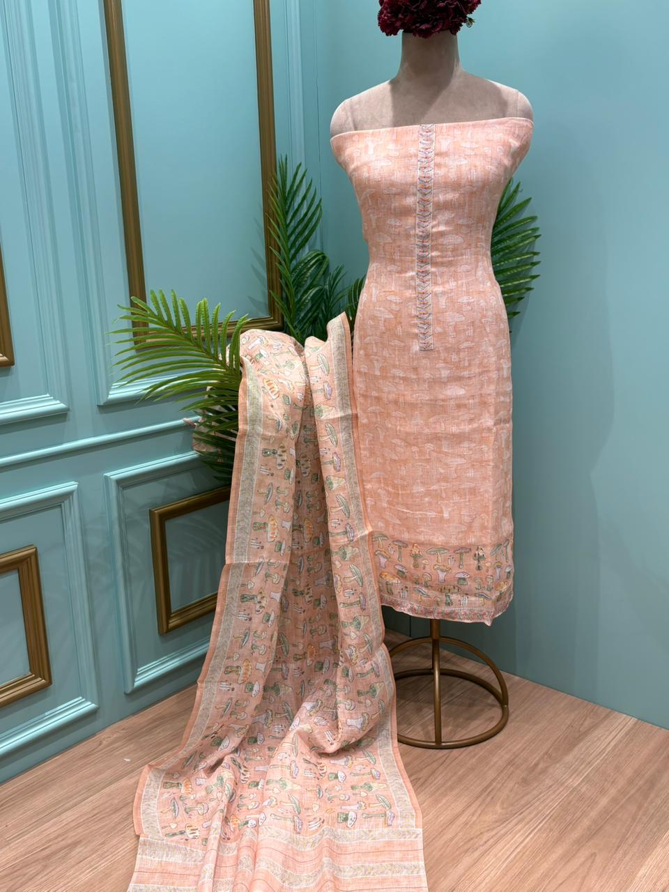 Elegant unstitched suit crafted in pure linen cotton fabric