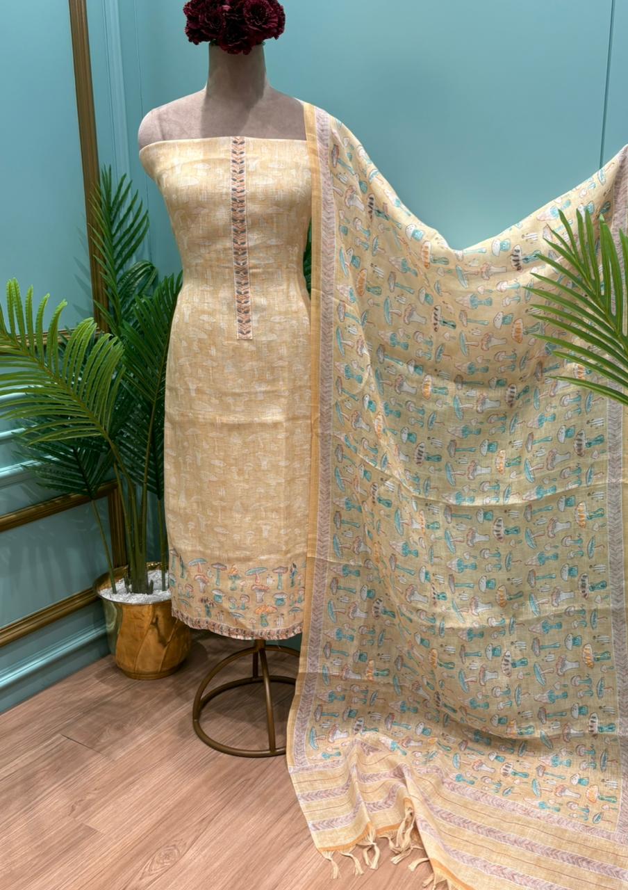 Elegant unstitched suit crafted in pure linen cotton fabric