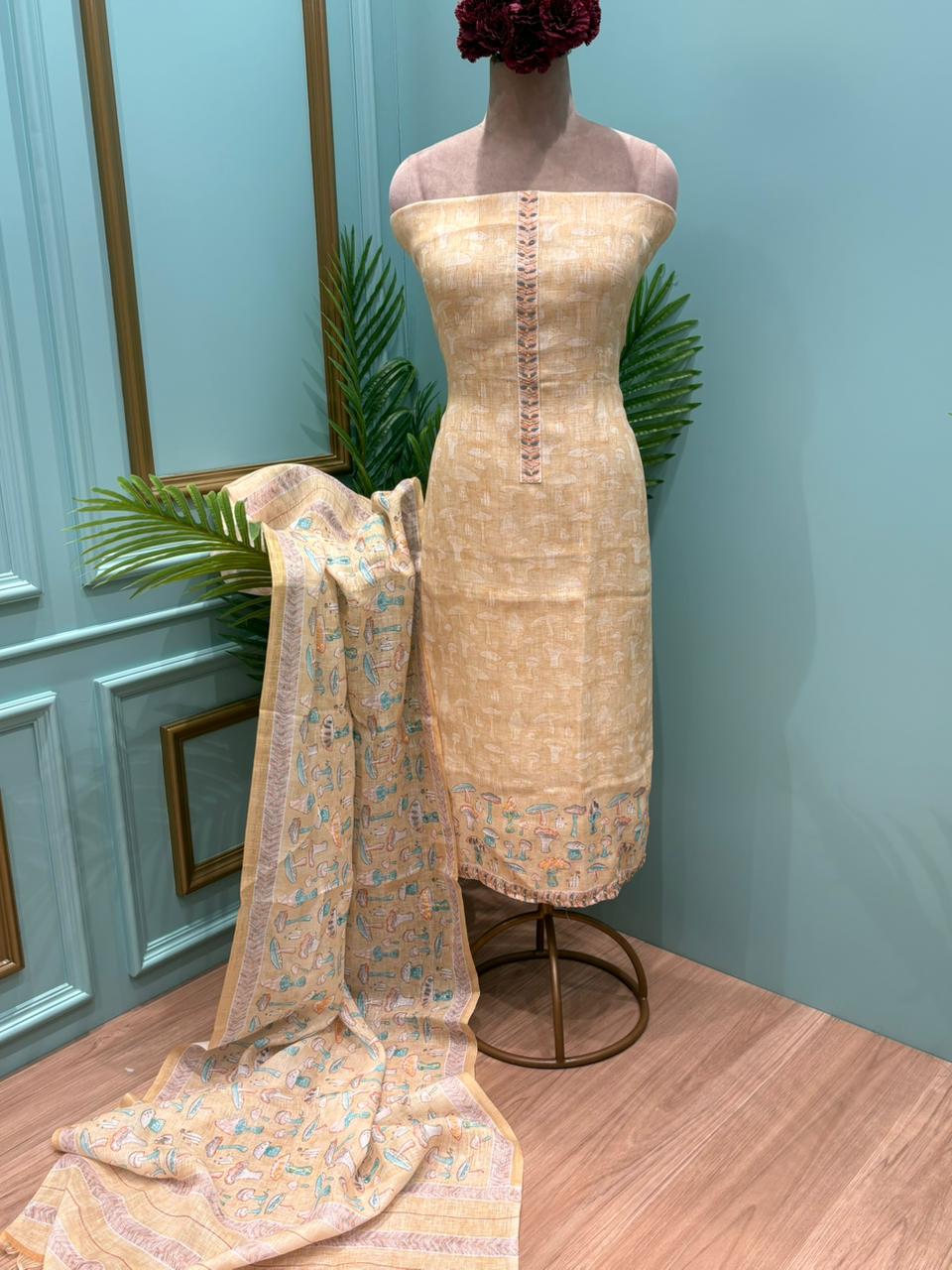 Elegant unstitched suit crafted in pure linen cotton fabric