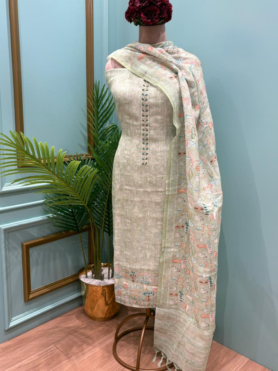 Elegant unstitched suit crafted in pure linen cotton fabric