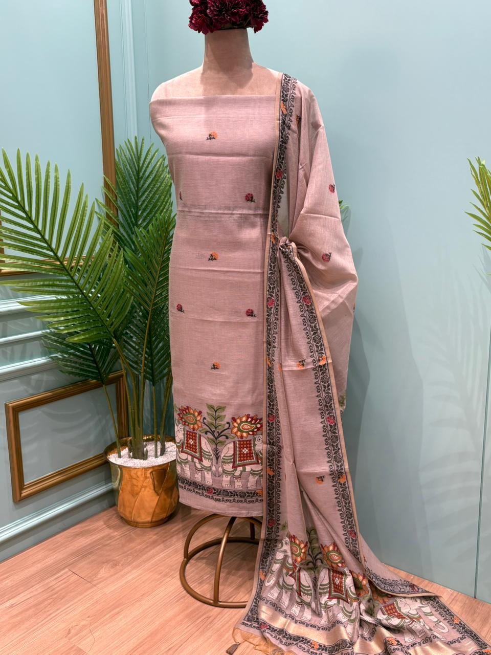 Grace meets tradition in this elegant unstitched Jamdani cotton suit