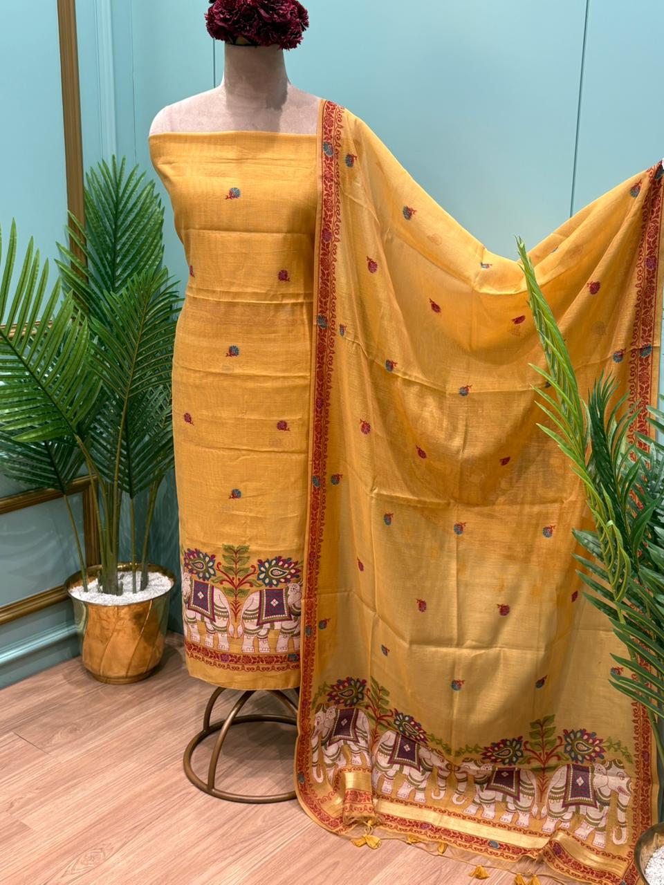 Grace meets tradition in this elegant unstitched Jamdani cotton suit