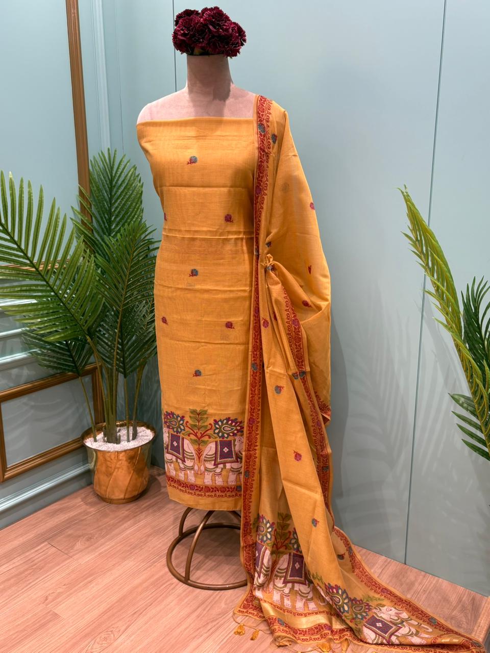 Grace meets tradition in this elegant unstitched Jamdani cotton suit