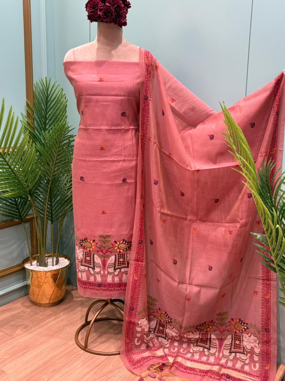 Grace meets tradition in this elegant unstitched Jamdani cotton suit