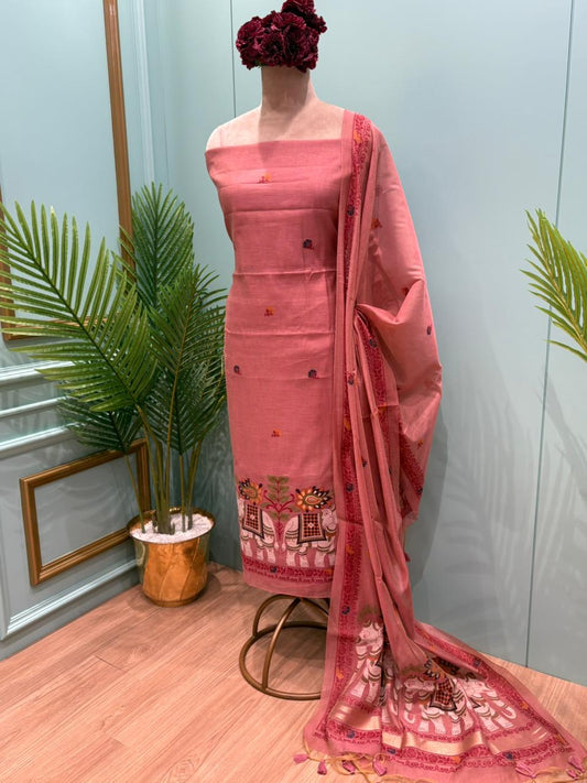 Grace meets tradition in this elegant unstitched Jamdani cotton suit