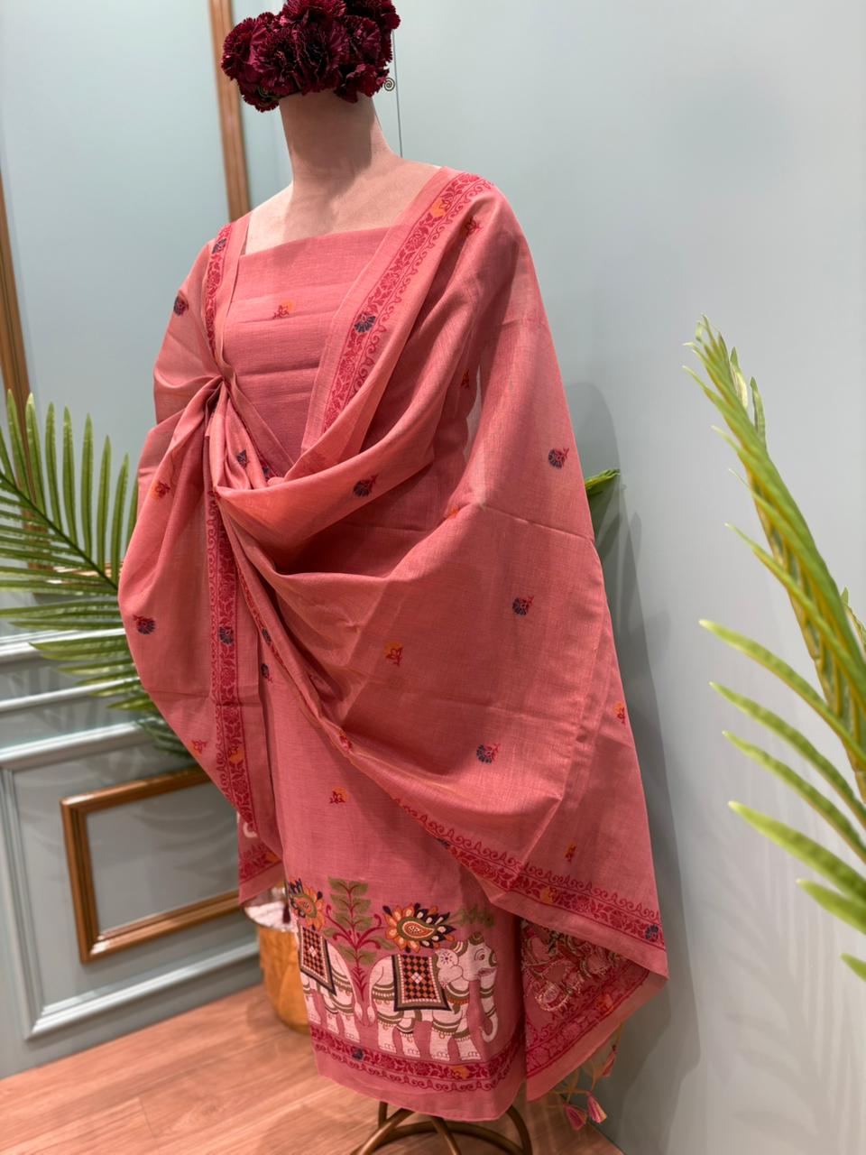 Grace meets tradition in this elegant unstitched Jamdani cotton suit