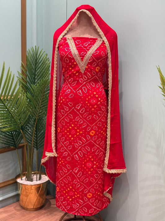 Elegant unstitched suit set is crafted in premium Chinon fabric