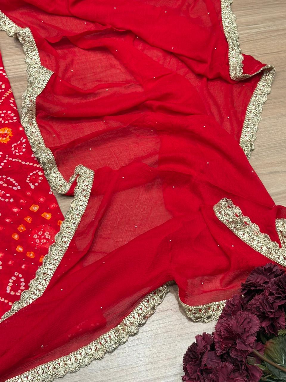 Elegant unstitched suit set is crafted in premium Chinon fabric