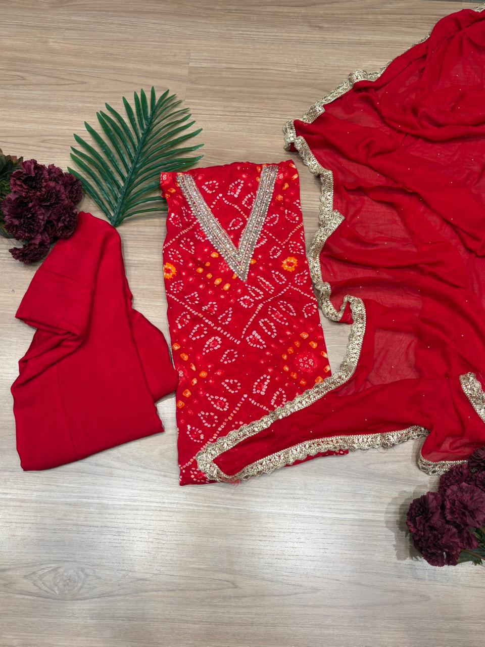 Elegant unstitched suit set is crafted in premium Chinon fabric