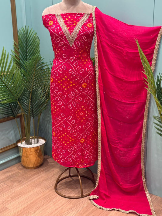 Elegant unstitched suit set is crafted in premium Chinon fabric