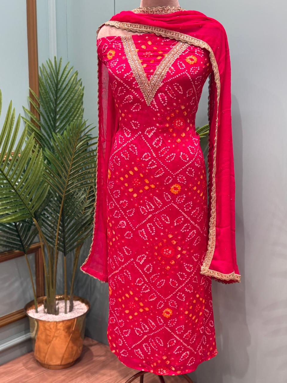 Elegant unstitched suit set is crafted in premium Chinon fabric