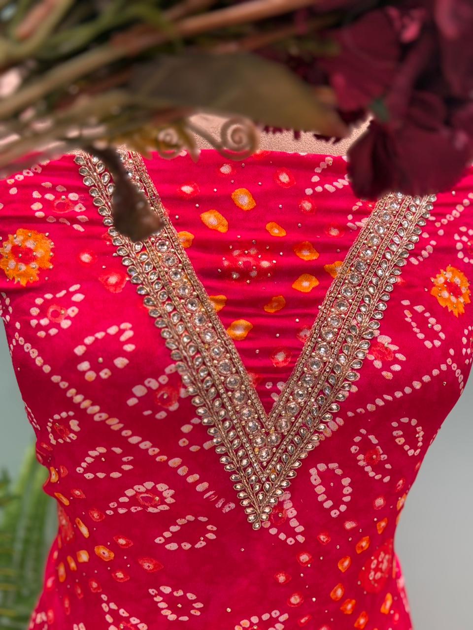 Elegant unstitched suit set is crafted in premium Chinon fabric