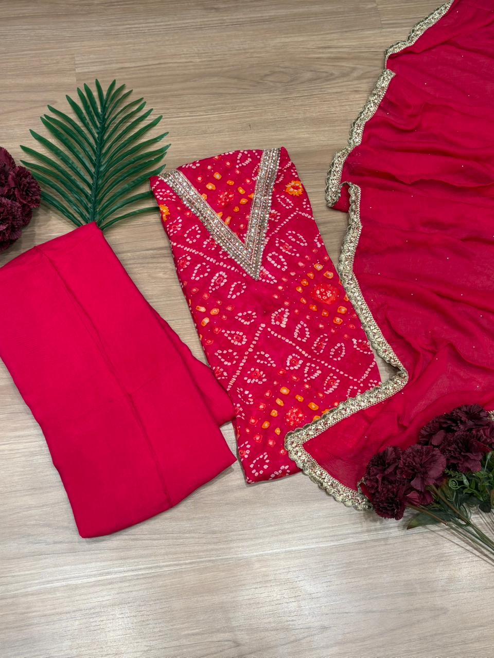 Elegant unstitched suit set is crafted in premium Chinon fabric