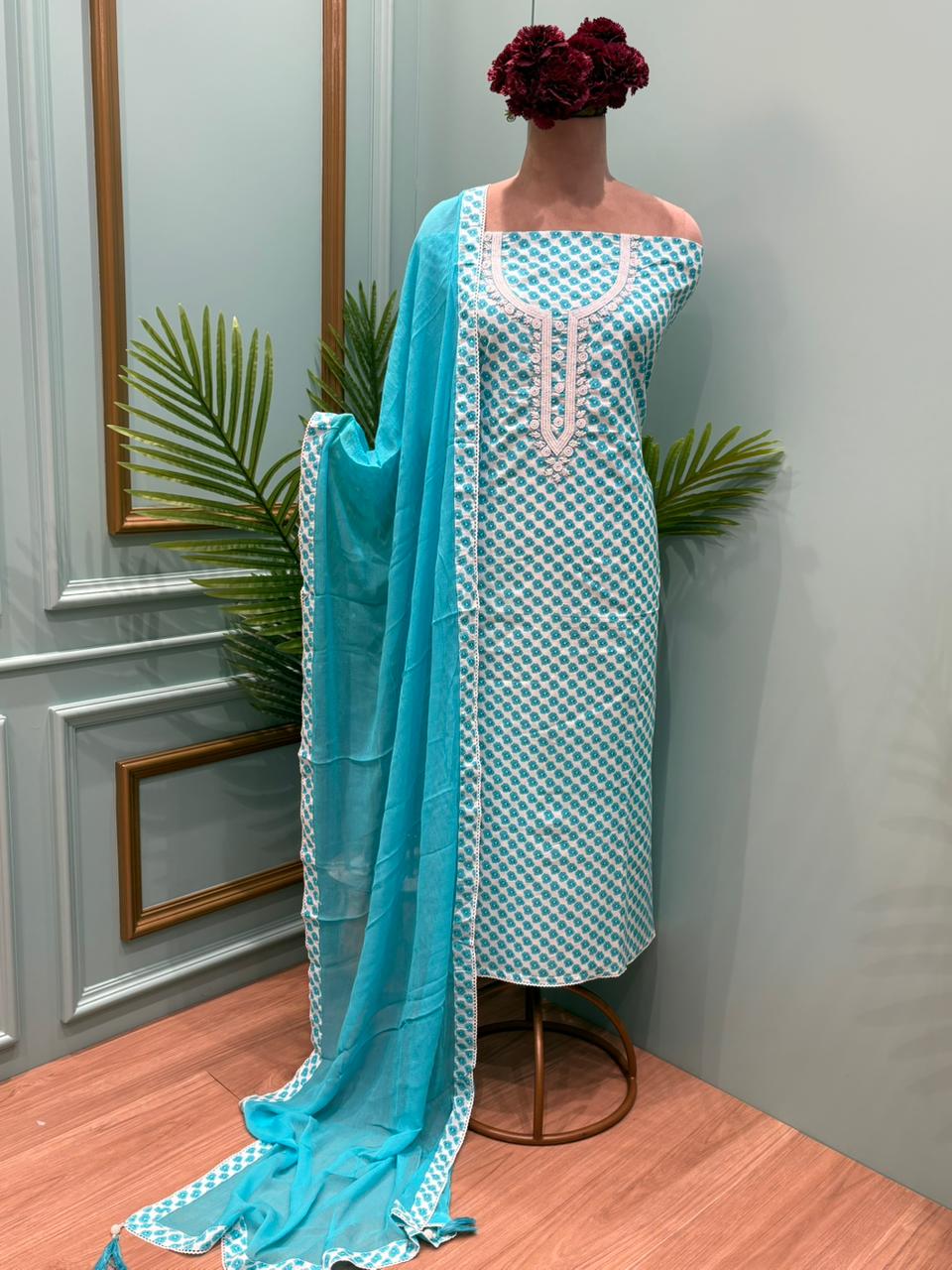 Beautiful unstitched cotton suit set designed for comfort