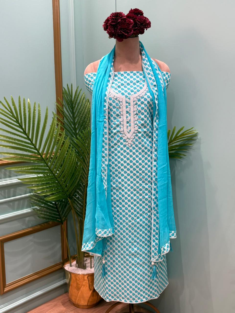 Beautiful unstitched cotton suit set designed for comfort