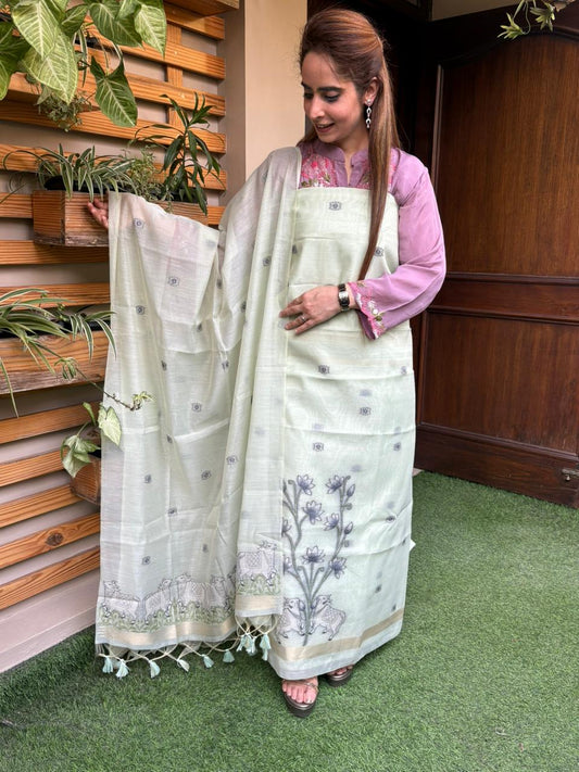 Unstitched suit set is crafted in premium Jamdani cotton fabric