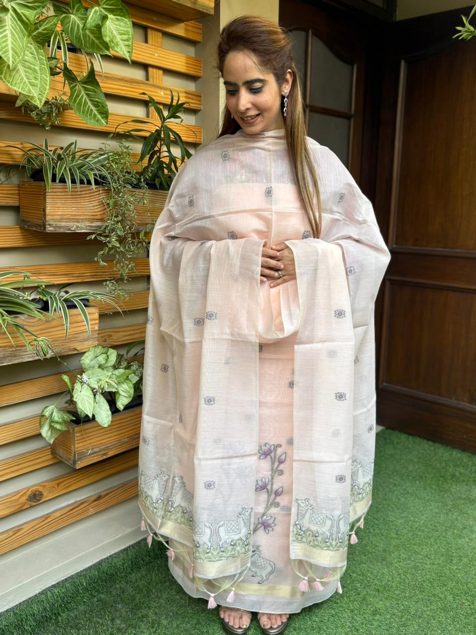 Unstitched suit set is crafted in premium Jamdani cotton fabric