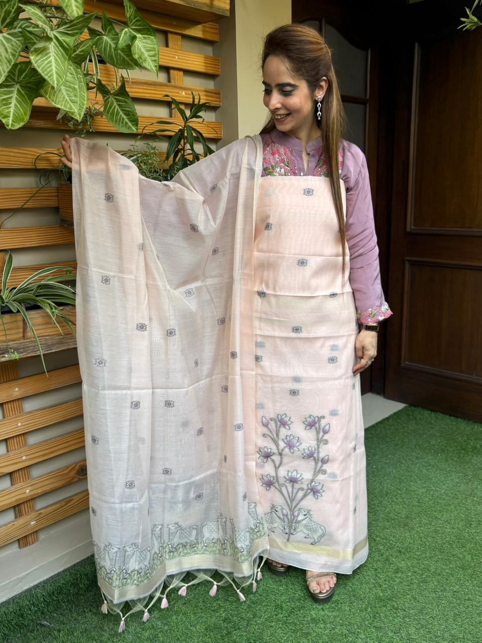 Unstitched suit set is crafted in premium Jamdani cotton fabric