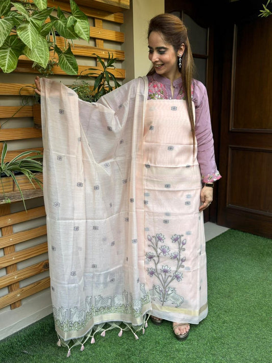 Unstitched suit set is crafted in premium Jamdani cotton fabric