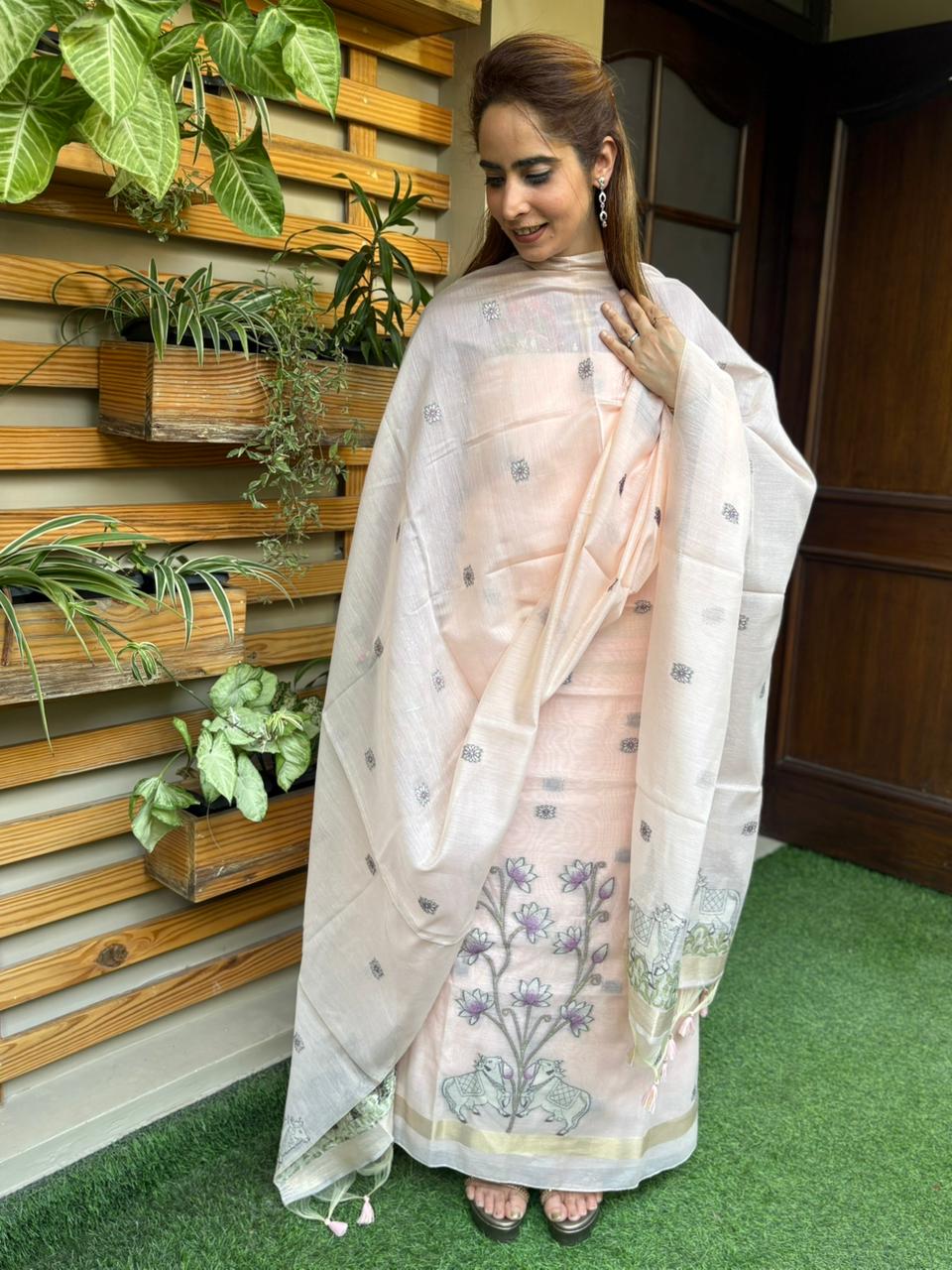 Unstitched suit set is crafted in premium Jamdani cotton fabric