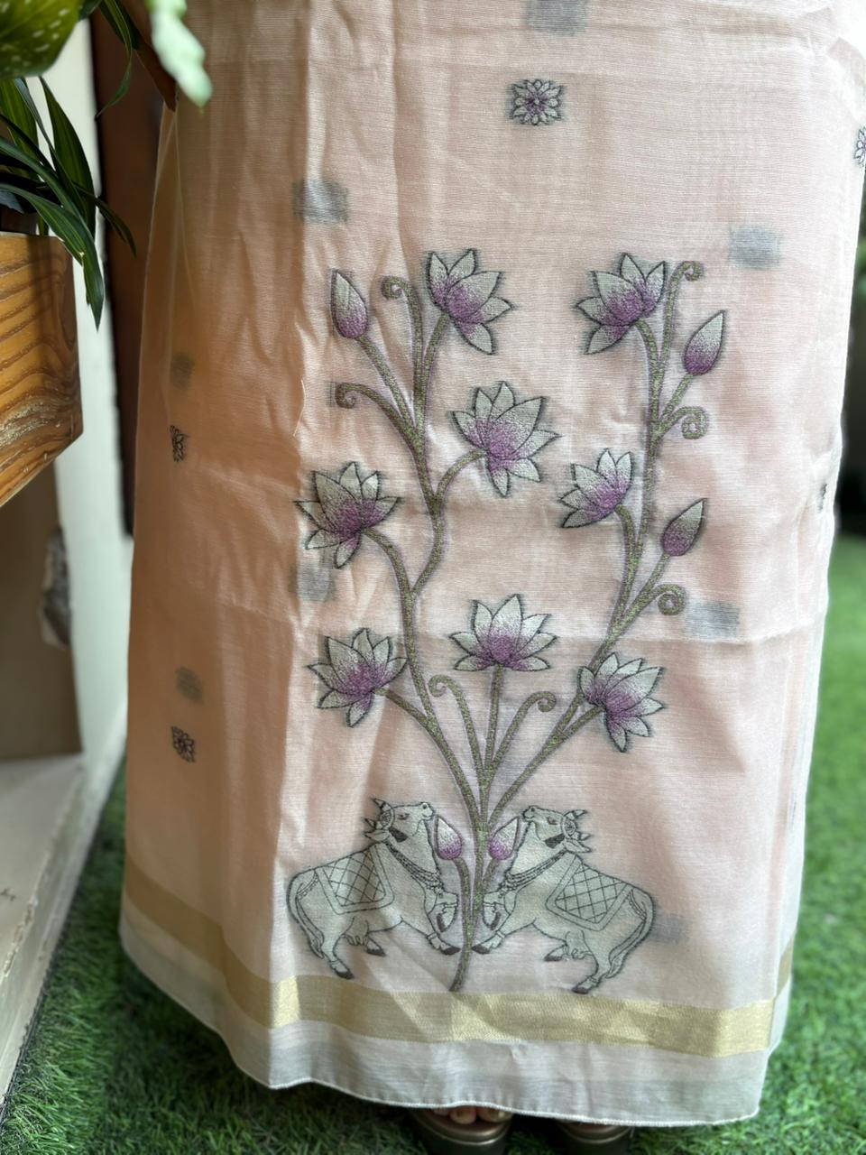 Unstitched suit set is crafted in premium Jamdani cotton fabric