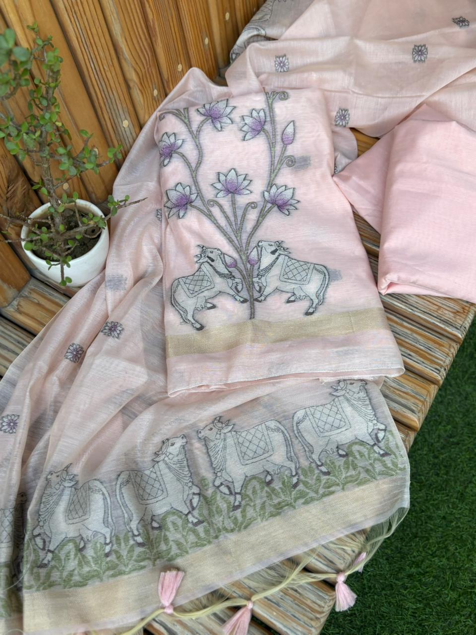 Unstitched suit set is crafted in premium Jamdani cotton fabric