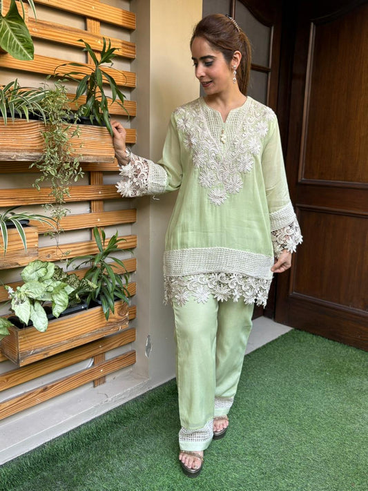 Elegant cord set is crafted in soft and breathable mul cotton fabric