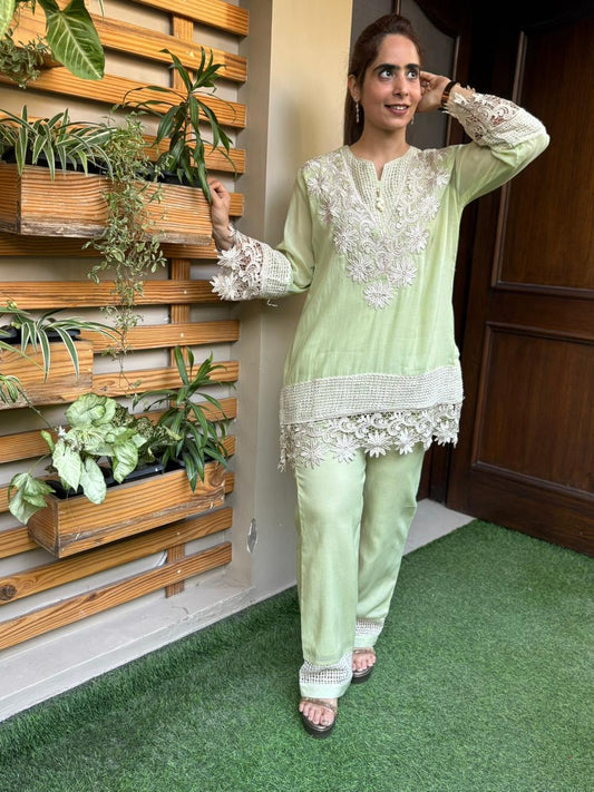 Elegant cord set is crafted in soft and breathable mul cotton fabric