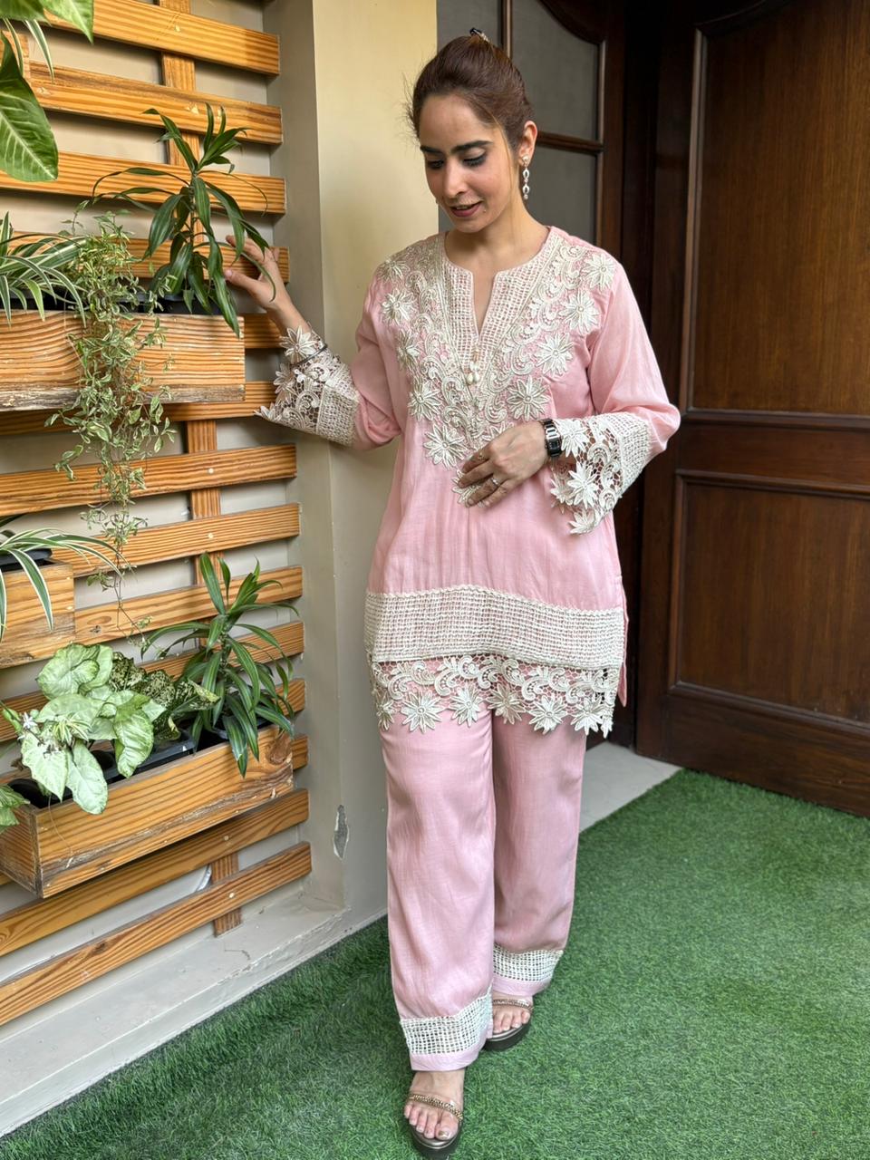 Elegant cord set is crafted in soft and breathable mul cotton fabric