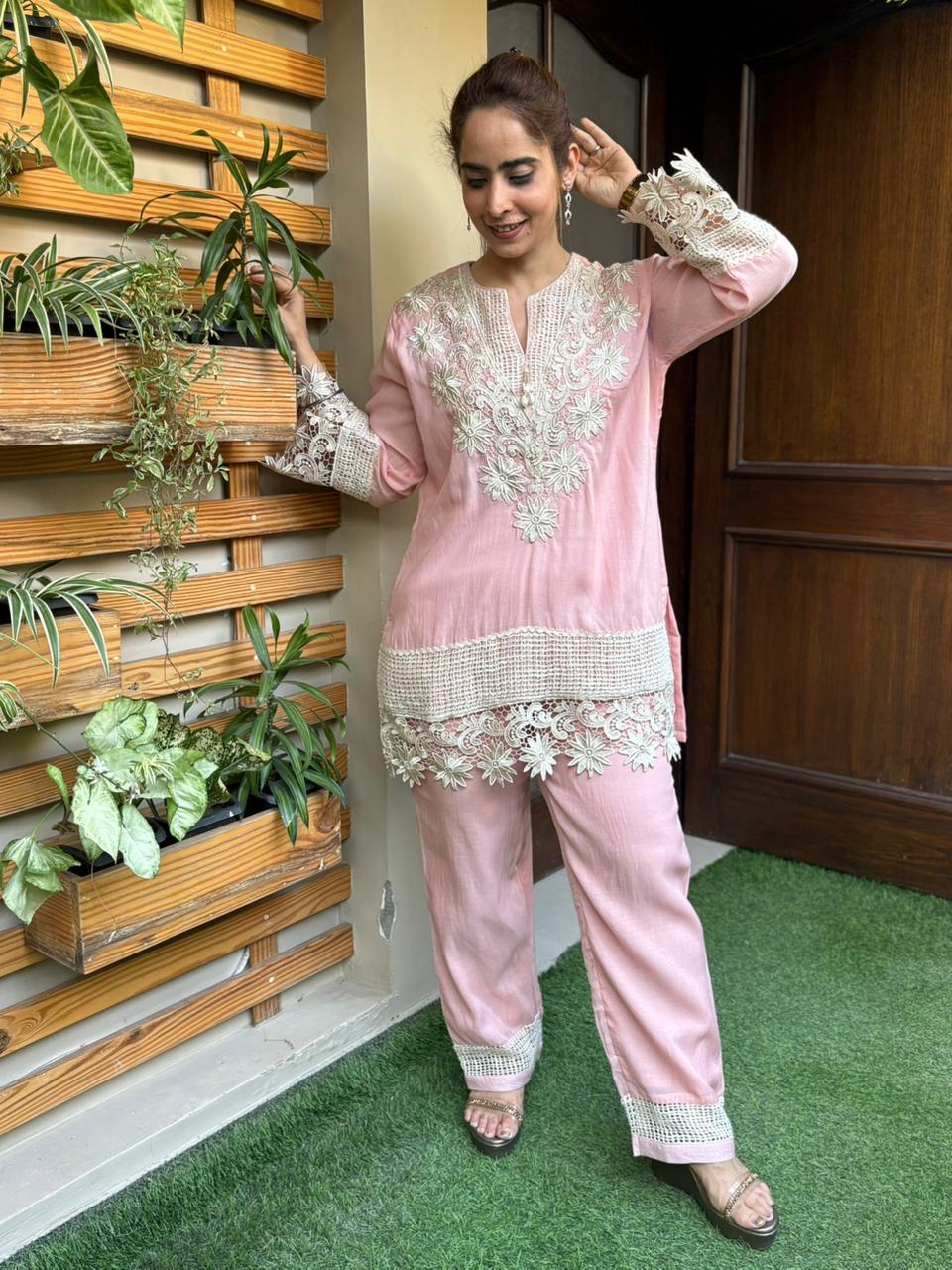 Elegant cord set is crafted in soft and breathable mul cotton fabric