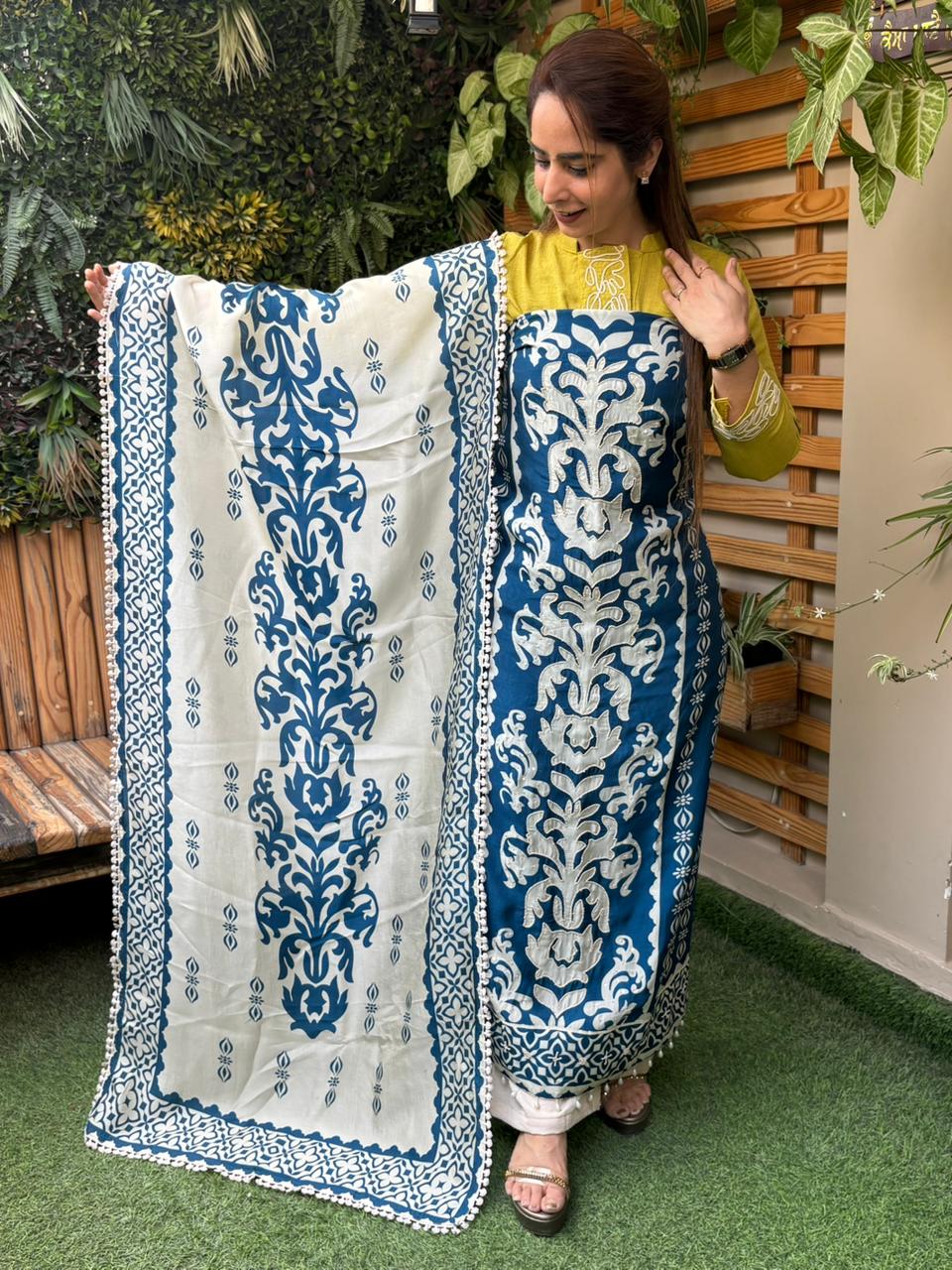 Beautifully designed unstitched cotton silk suit