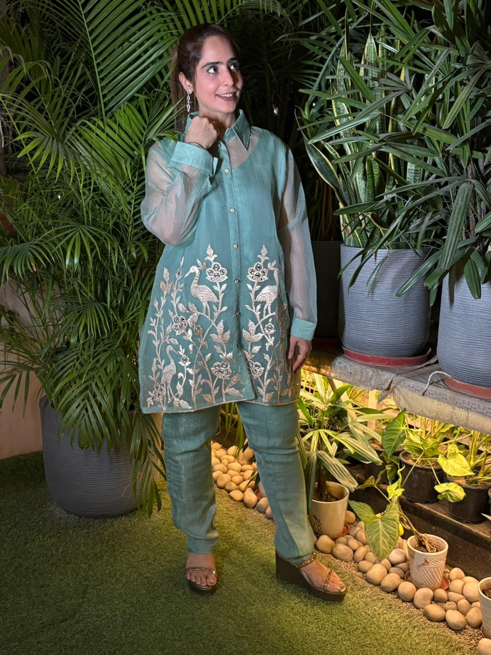 Cord set crafted in luxurious tissue shimmer fabric