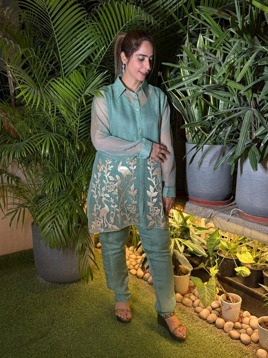 Cord set crafted in luxurious tissue shimmer fabric