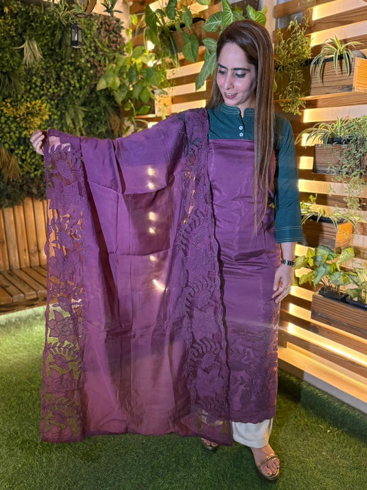 Crafted unstitched suit in soft muslin cotton fabric