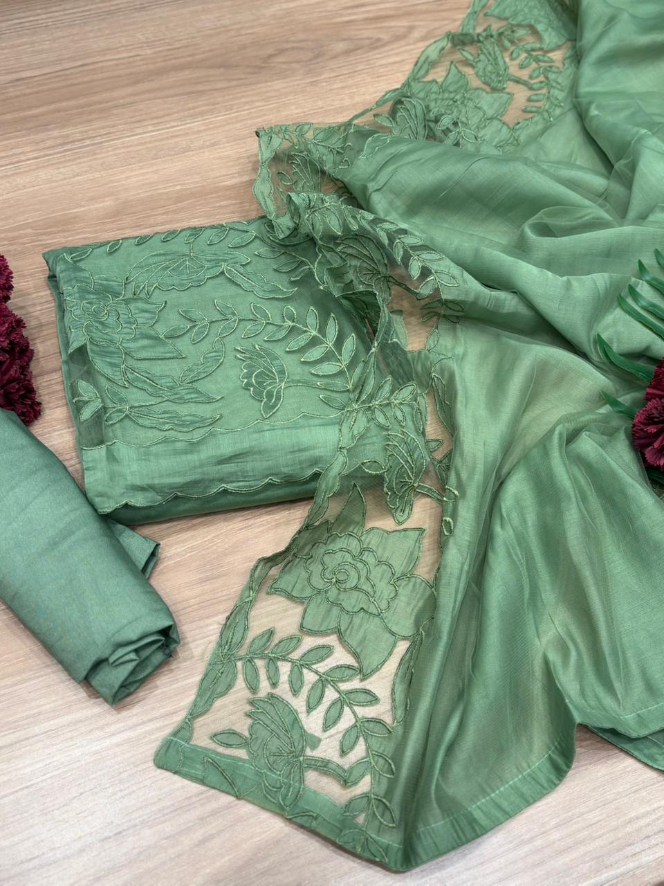 Crafted unstitched suit in soft muslin cotton fabric