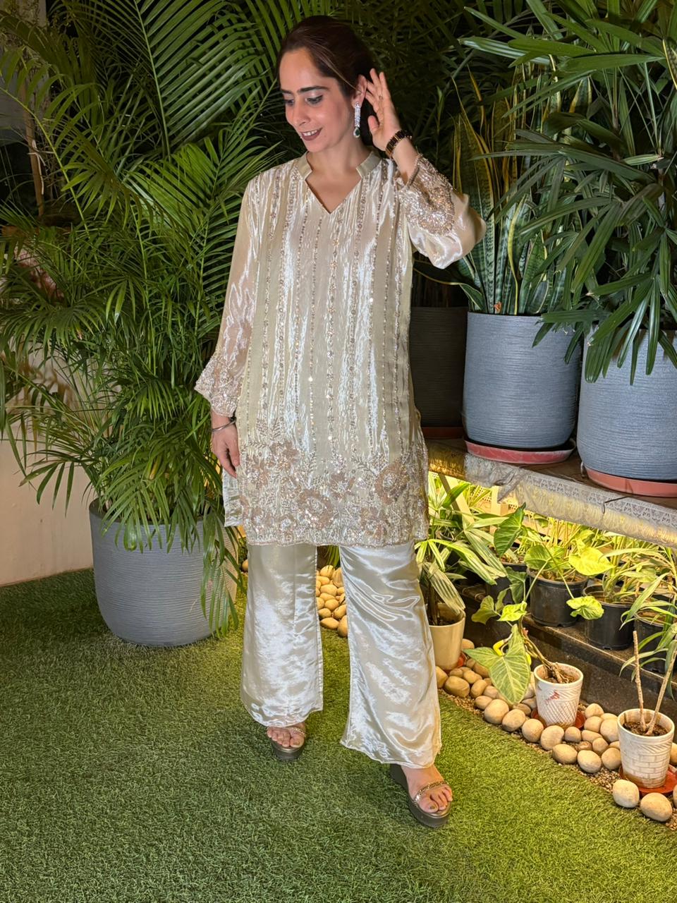 Stunning cord set crafted in luxurious tissue shimmer fabric