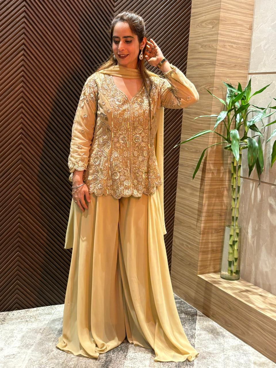 Stunning crop top set paired with a beautifully embroidered jacket.