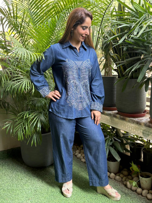 Modern comfort in this denim chambray cord set