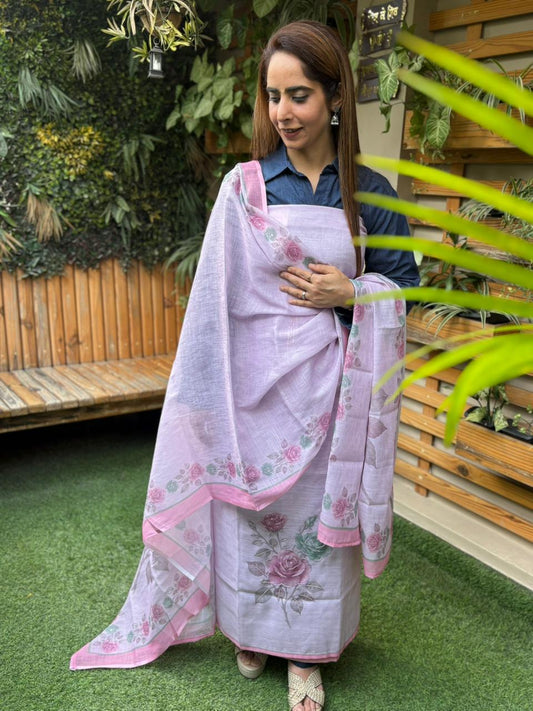 Elegance Linen Cotton Suit with Printed Dupatta & Sequin Work
