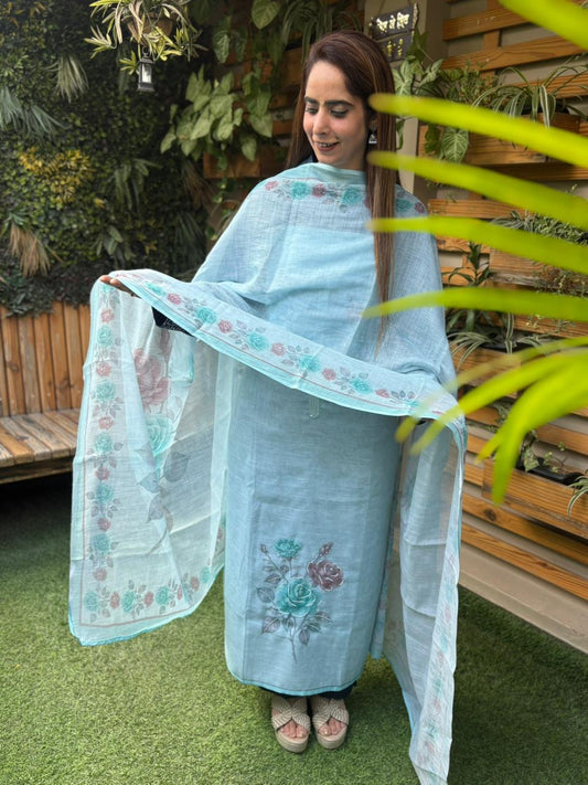 Elegance Linen Cotton Suit with Printed Dupatta & Sequin Work