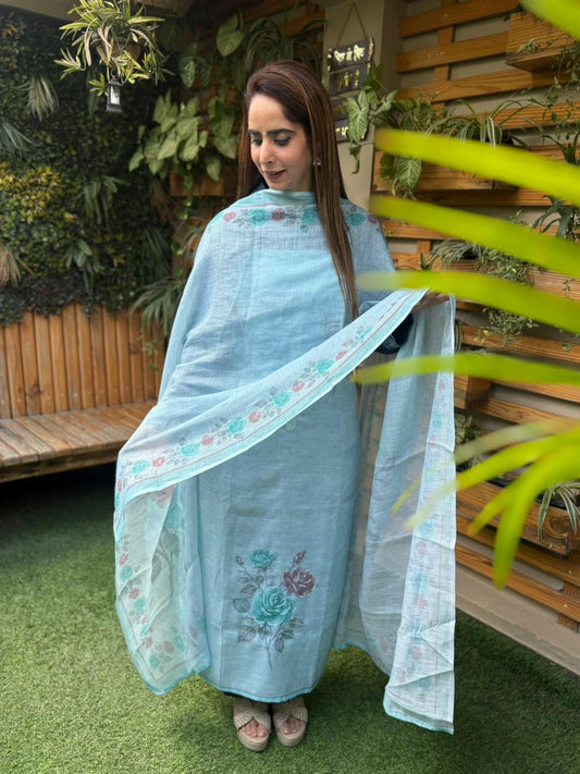 Elegance Linen Cotton Suit with Printed Dupatta & Sequin Work