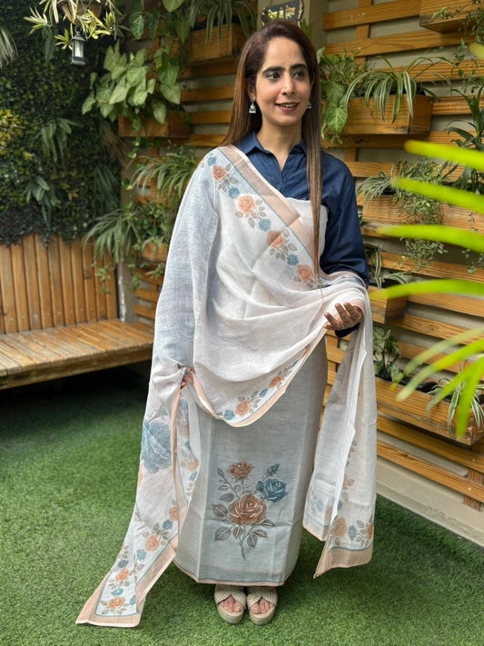 Elegance Linen Cotton Suit with Printed Dupatta & Sequin Work