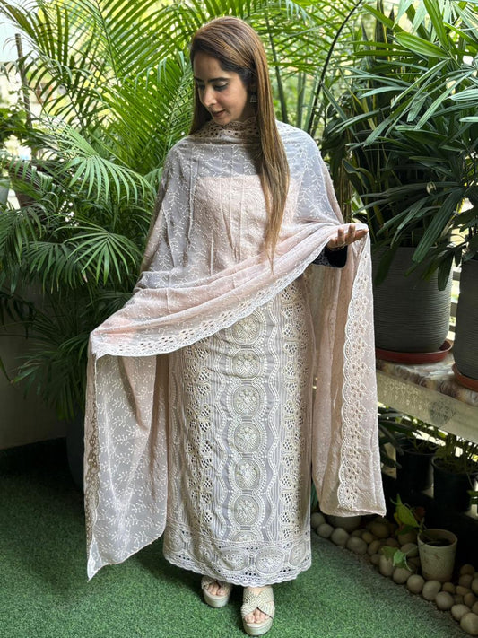 Craftsmanship in this stunning unstitched georgette suit set