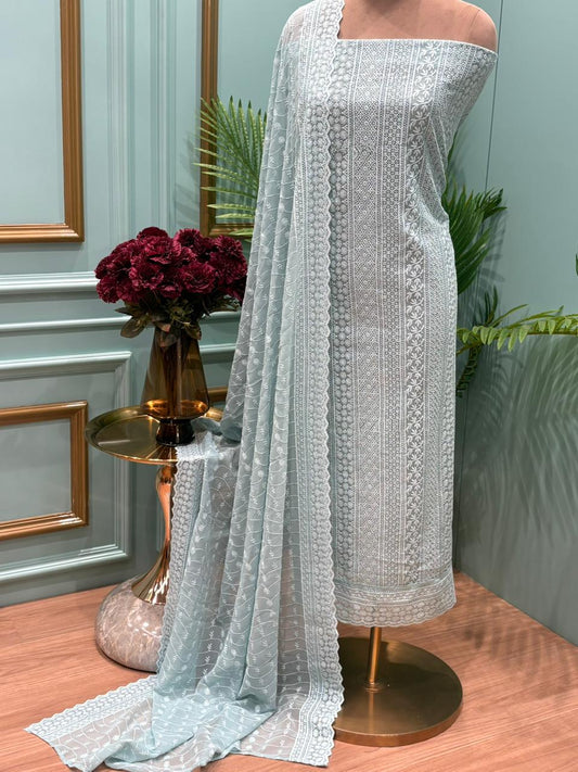 Unstitched suit crafted in flowy georgette fabric