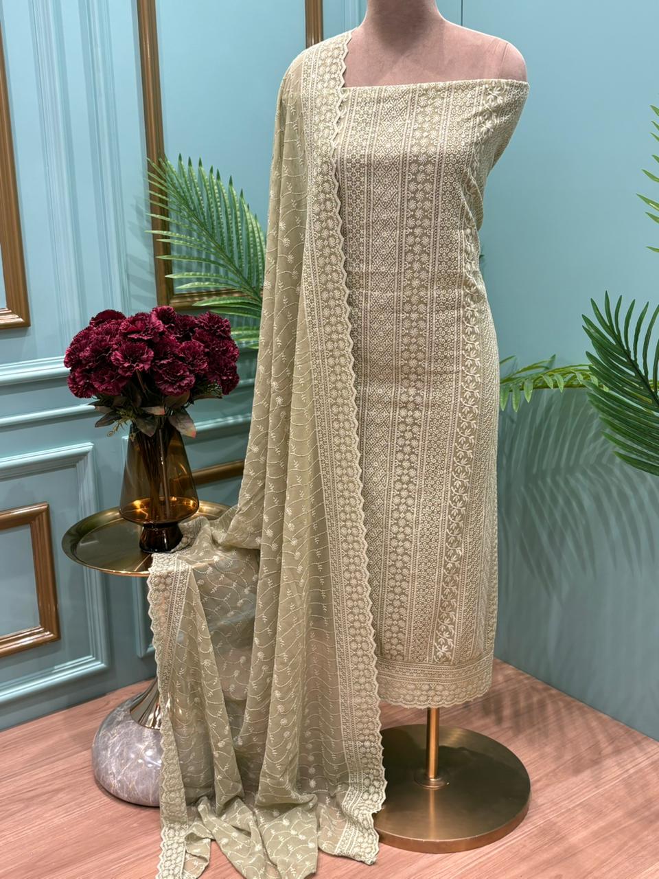 Unstitched suit crafted in flowy georgette fabric