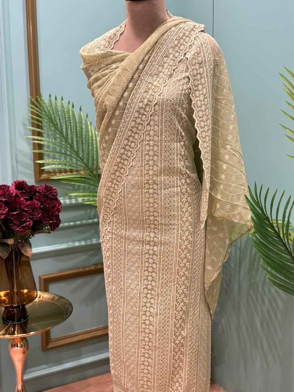 Unstitched suit crafted in flowy georgette fabric