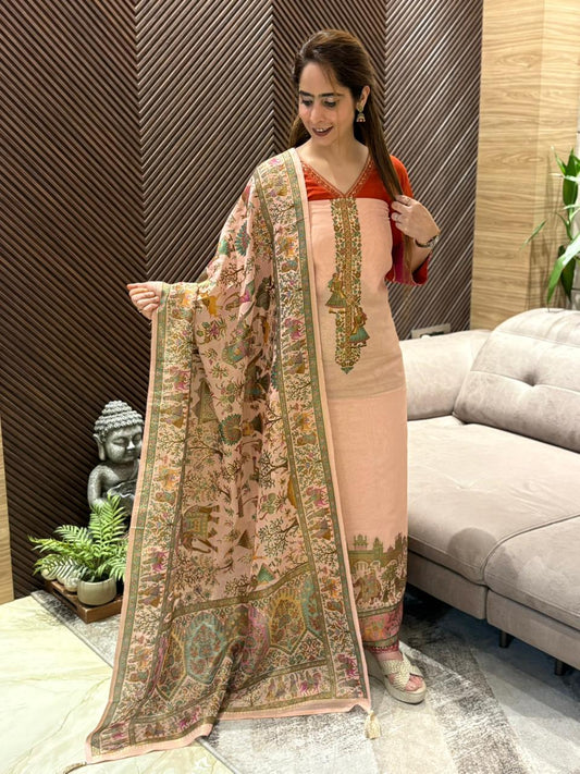 Beautifully crafted unstitched suit in soft mul cotton fabric
